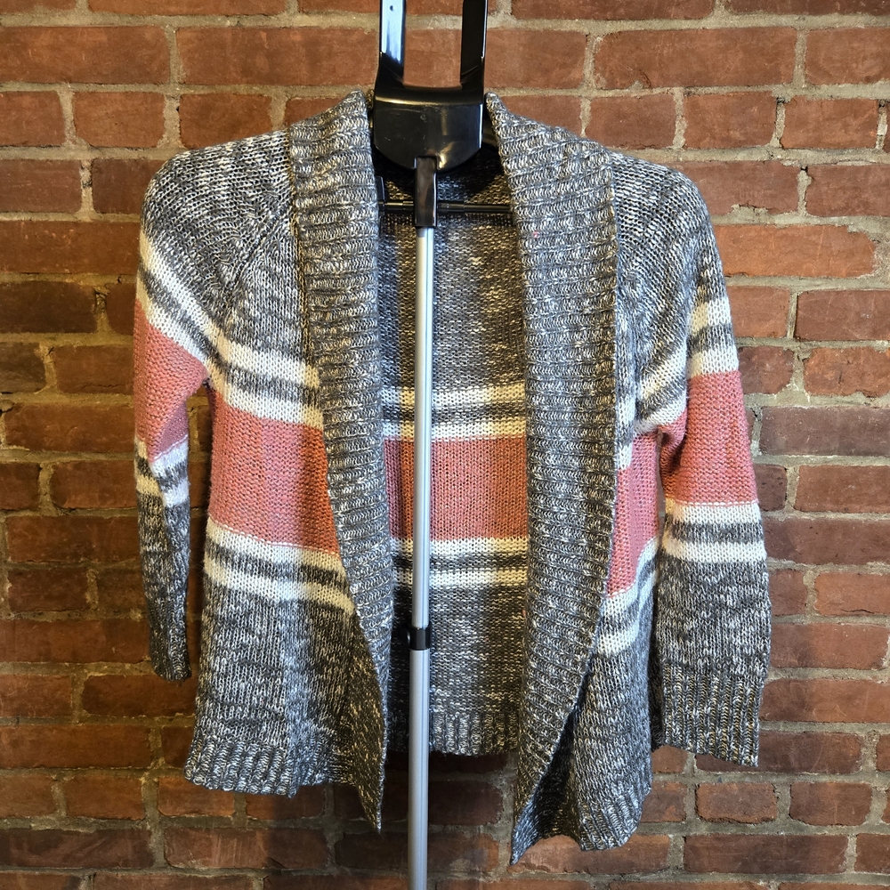 Charlotte Russe Cardigan Sweater Women’s Small Gray Pink Striped Open Front Knit